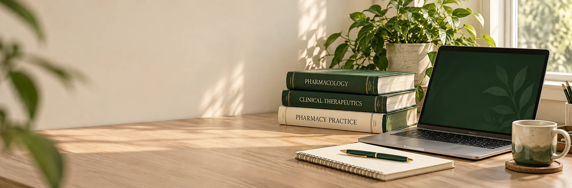 A calm pharmacy study desk with books and a green plant
